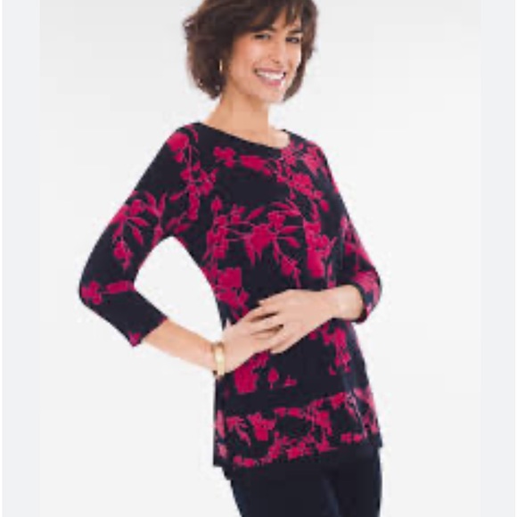 CHICOS TRAVELERS Size 2 Large Floral Tunic Stretch Blue Pink Cozy Pretty $90 NWT - Picture 2 of 14